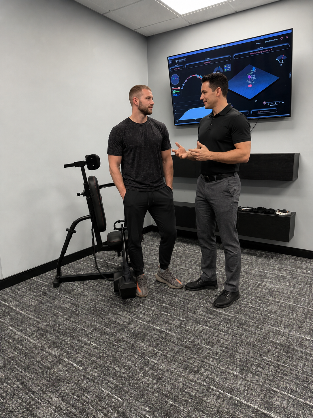 TKM Labs physical therapist consulting with a patient in front of the Humero Tech C1 in Salt Lake City