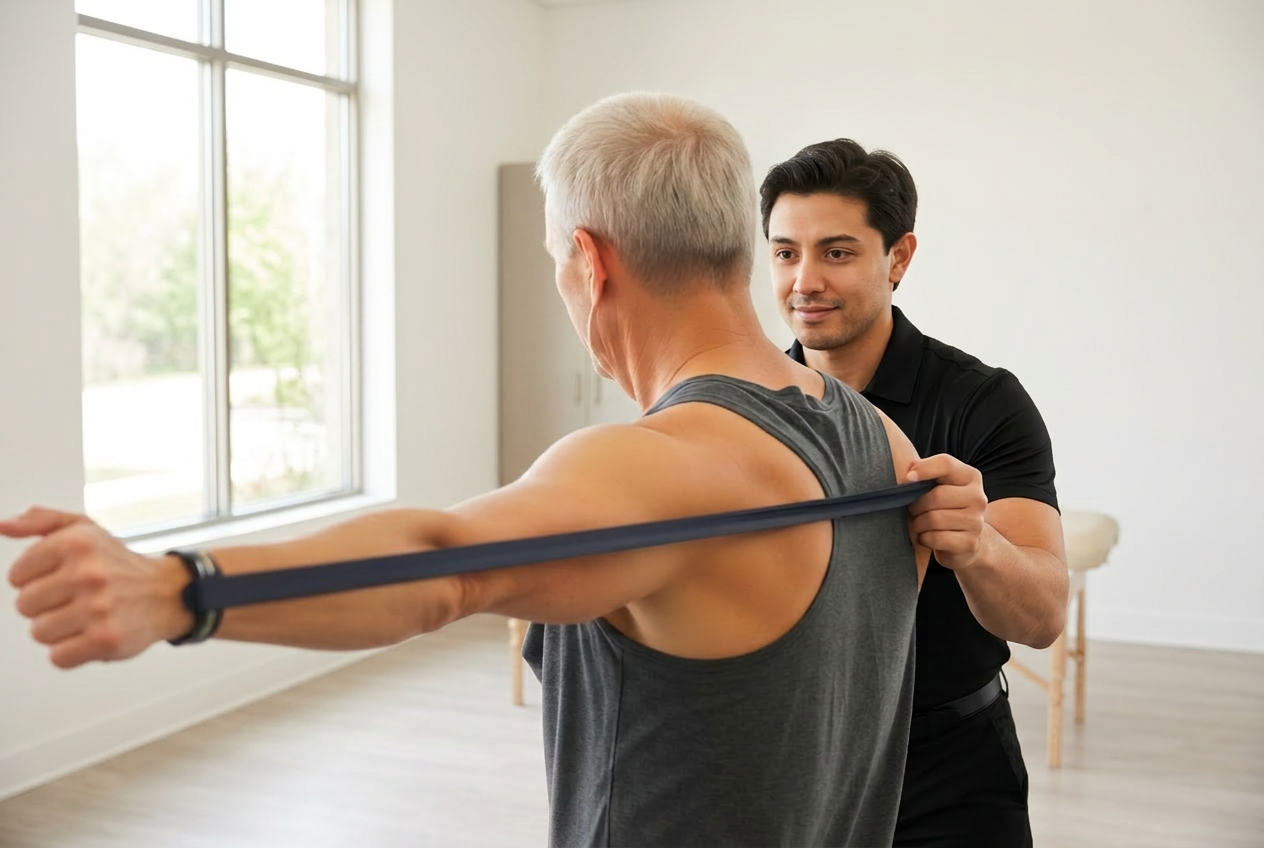 Patient working with physical therapist after shoulder surgery